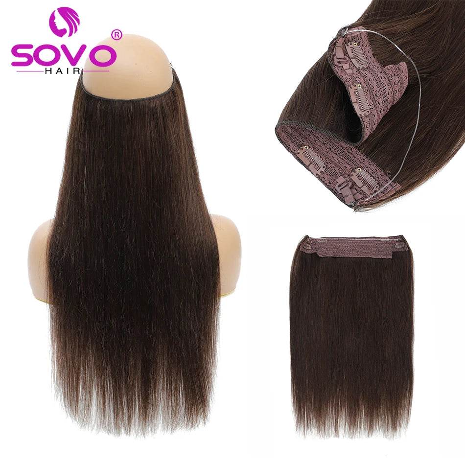Halo Hair Extensions 100% Human Hair 14-28 Inch Hidden Wire Clip In Hair Ombre Brown Color Human Remy Fish Line Hair Extension - AIAZ