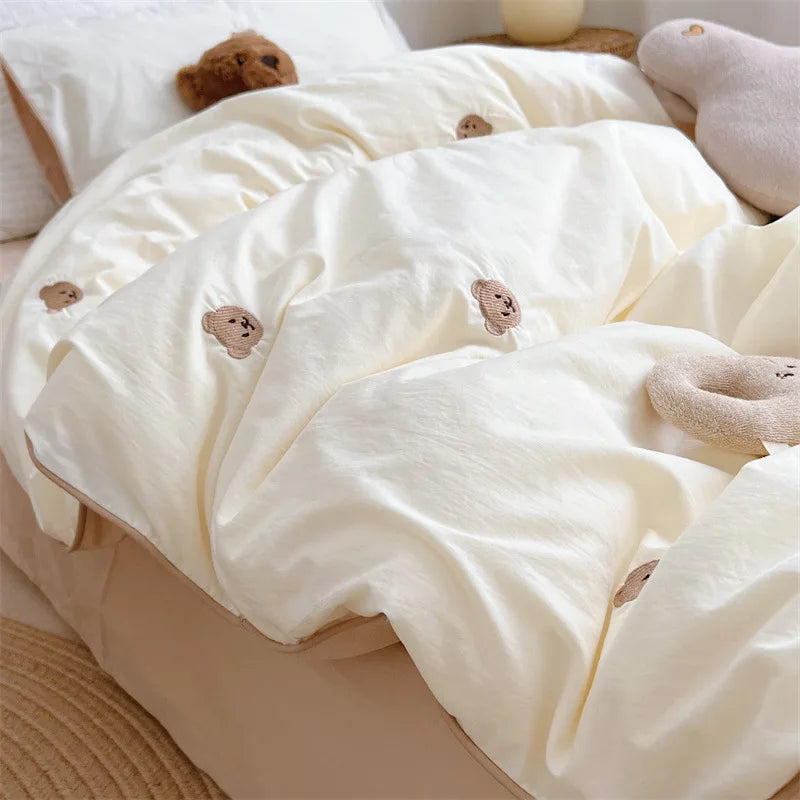 3PCS Baby Boys Bedding Set Bear Embroidered Cot Crib Bedding Set Cotton Korean Baby Bedding Duvet Cover+ Sheet+Pillowcase