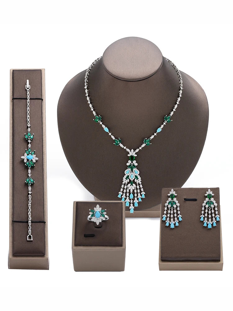 2025 New Exquisite Turquoise Dubai Jewelry Sets for Wedding Bridal Wedding Party 4 Pieces Set Accessories