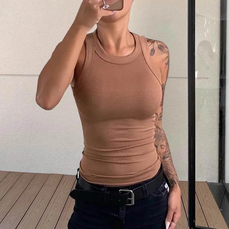 Women Solid O Neck Ribbed Tank Top Summer Basic Elastic Tank Shirts Camisole Chic Fashion Sleeveless Undershirt Pullover Tops - AIAZ