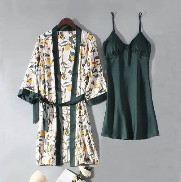 Pajamas Set Women Sleepwear Casual Satin Robe Suit Nightwear Lounge Wear V-neck Soft Pyjamas Kimono Bathrobe Gown Lingerie - AIAZ