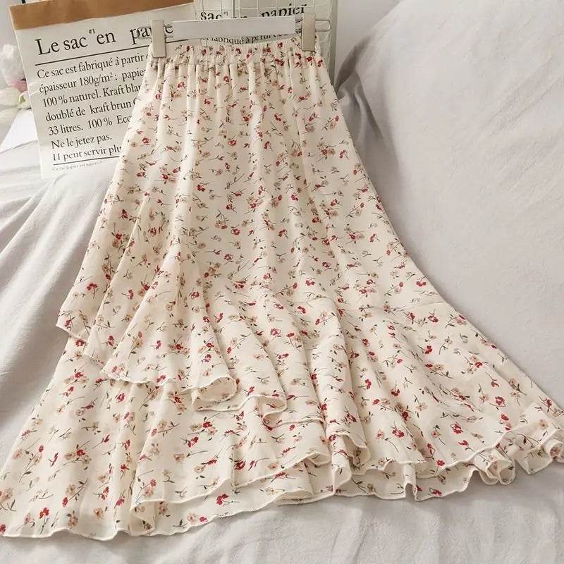 Skirts Women High Waist All-match Fashion Elegant Female Chiffon Flower Lovely Irregular Hem Ruffles Chic Streetwear Leisure - AIAZ