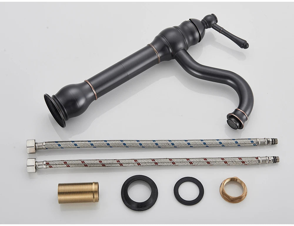 POIQIHY Antique Brass Basin Vessel Sink Faucet Deck Mounted One Hole Cold Hot Water Cold Hot Mixer Tap Bathroom Faucet  1 Hole