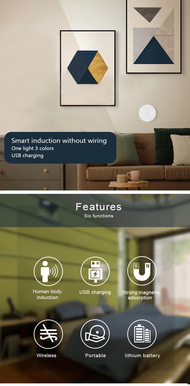 Magnetic Wireless Under Cabinet Kitchen Light USB Rechargeable Pir Motion Sensor Night Lamp with Remote Control for Bedroom Ward