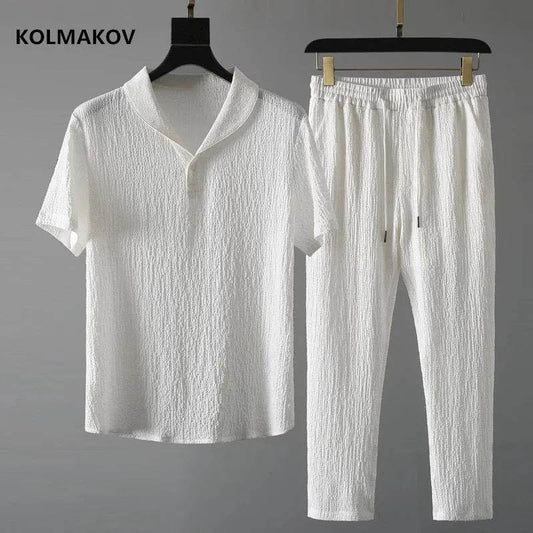 (Shirt + trousers)2025 summer men fashion classic shirt men's business casual fashion shirts men A set of clothes size M-4XL - AIAZ