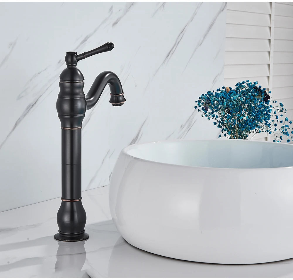 POIQIHY Antique Brass Basin Vessel Sink Faucet Deck Mounted One Hole Cold Hot Water Cold Hot Mixer Tap Bathroom Faucet  1 Hole