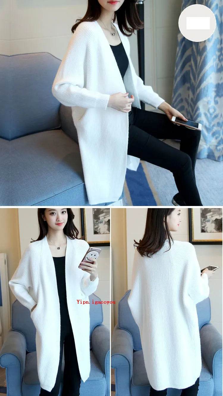 2023 Long Cardigan Women Sweater Autumn Winter Bat Sleeve Knitted Sweater Femme Jacket Loose Ladies Sweaters Cardigans New - AIAZ