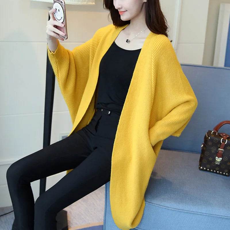 2023 Long Cardigan Women Sweater Autumn Winter Bat Sleeve Knitted Sweater Femme Jacket Loose Ladies Sweaters Cardigans New - AIAZ