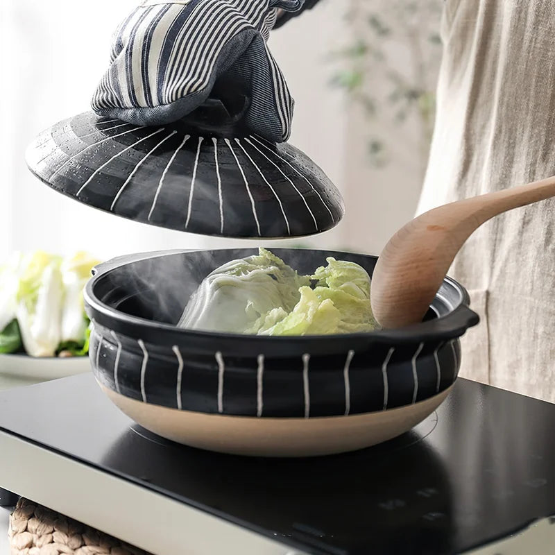 Ceramic Casserole Japanese Black Round 0.5-3L Multiple Size Cooking Pot Pan Household Kitchen Supplies Saucepan Cookware