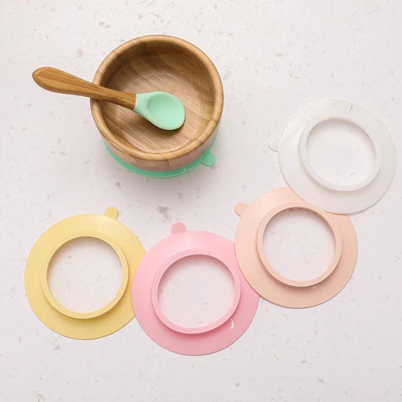 Baby Feeding Bowl Food Tableware Kids Wooden Training Plate Silicone Suction Cup Removable Wooden Fork Spoon Children's Dishes