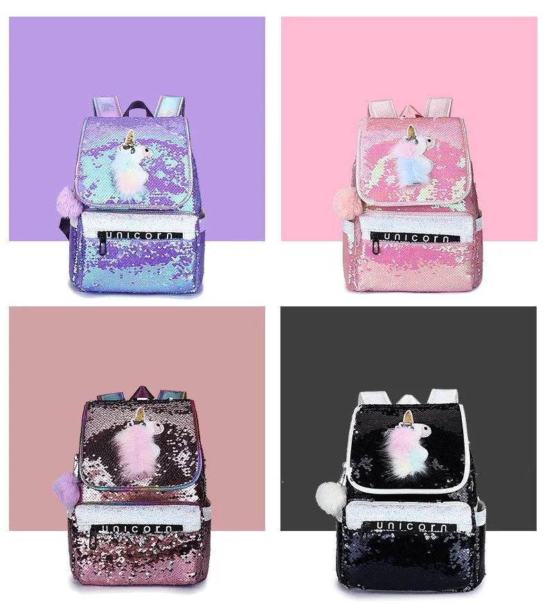 3pcs/set Sequins Unicorn Backpack Fashion Girl Glitter School Book Bag Girls Cute Hologram Laser PU Leather Travel Backpacks - AIAZ