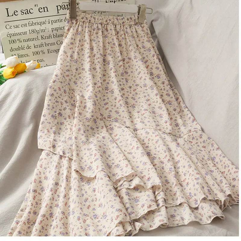 Skirts Women High Waist All-match Fashion Elegant Female Chiffon Flower Lovely Irregular Hem Ruffles Chic Streetwear Leisure - AIAZ