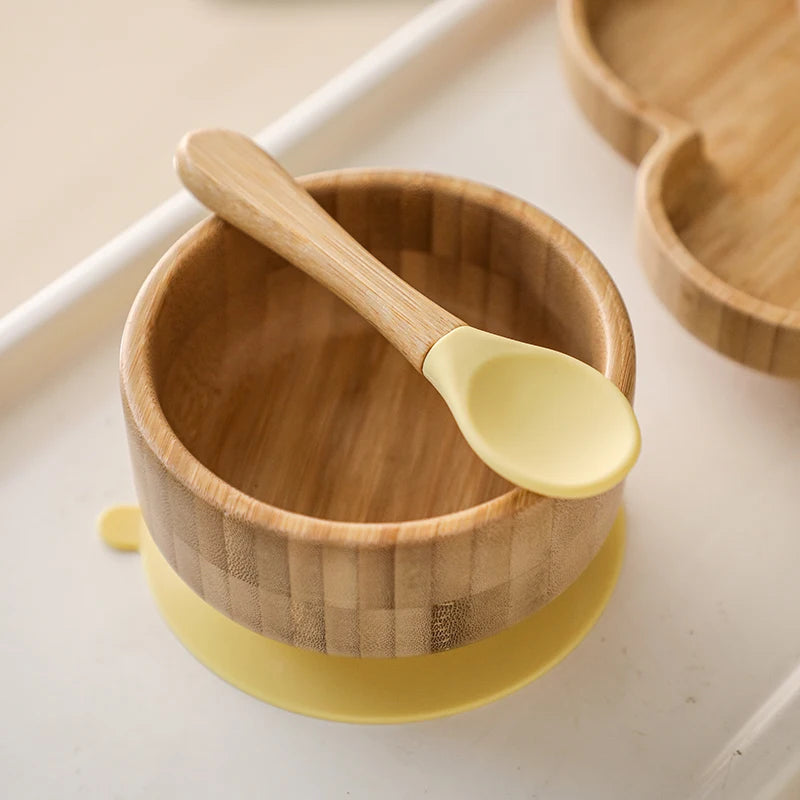 Baby Feeding Bowl Food Tableware Kids Wooden Training Plate Silicone Suction Cup Removable Wooden Fork Spoon Children's Dishes