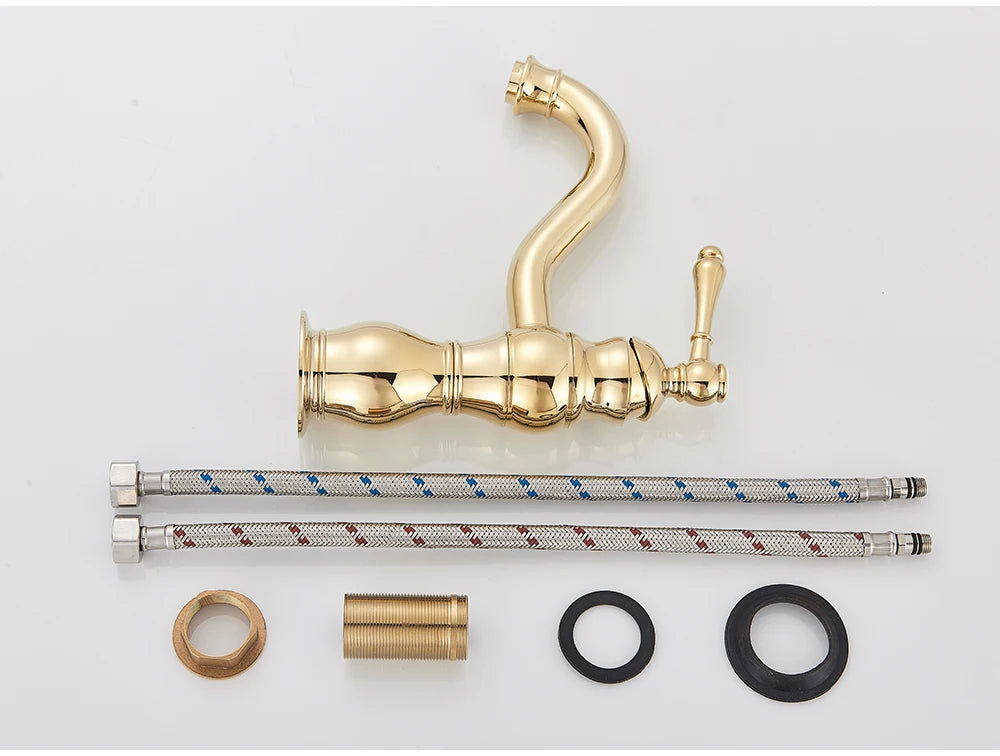 POIQIHY Antique Brass Basin Vessel Sink Faucet Deck Mounted One Hole Cold Hot Water Cold Hot Mixer Tap Bathroom Faucet  1 Hole