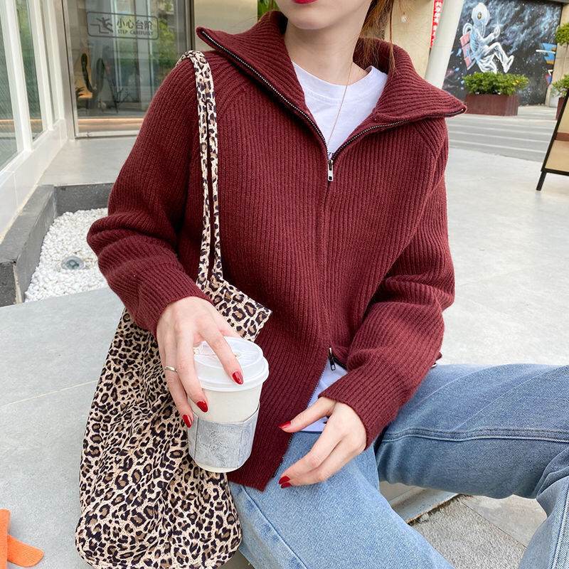 Sweater Cardigan Women Spring New Solid Vintage All-match Elegant Zipper Loose Daily Soft Sweet Simple Casual Knitwear Chic Teen - AIAZ