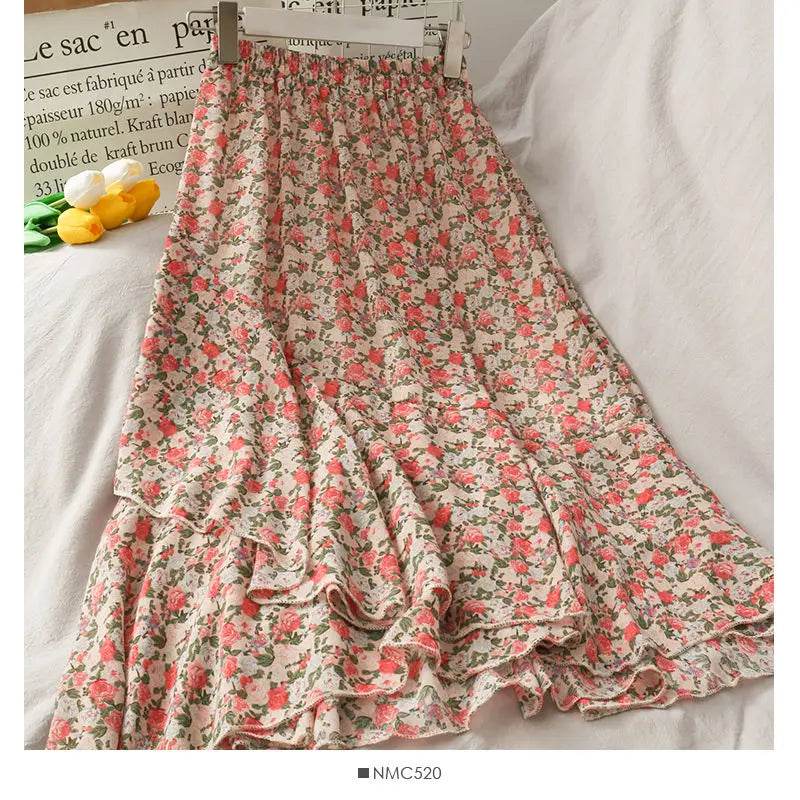 Skirts Women High Waist All-match Fashion Elegant Female Chiffon Flower Lovely Irregular Hem Ruffles Chic Streetwear Leisure - AIAZ