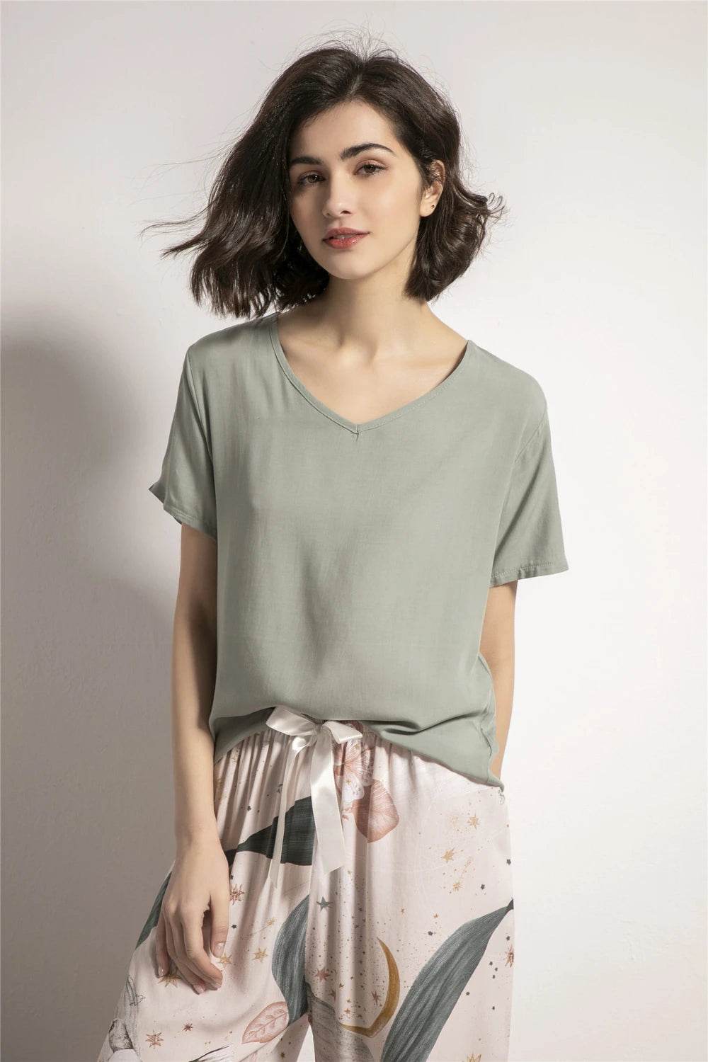 Breathable 2PCS Pajama Short Sleeve Printed Pijama Mujer Femme Loose Nightwear Suit Female Casual Homewear Pajama Set For Women - AIAZ