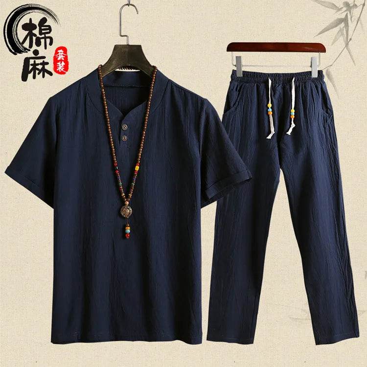 (Shirt + trousers) summer fashion men shirt Man Cotton and linen shirts Short sleeve men's casual shirts men full size M-5XL - AIAZ