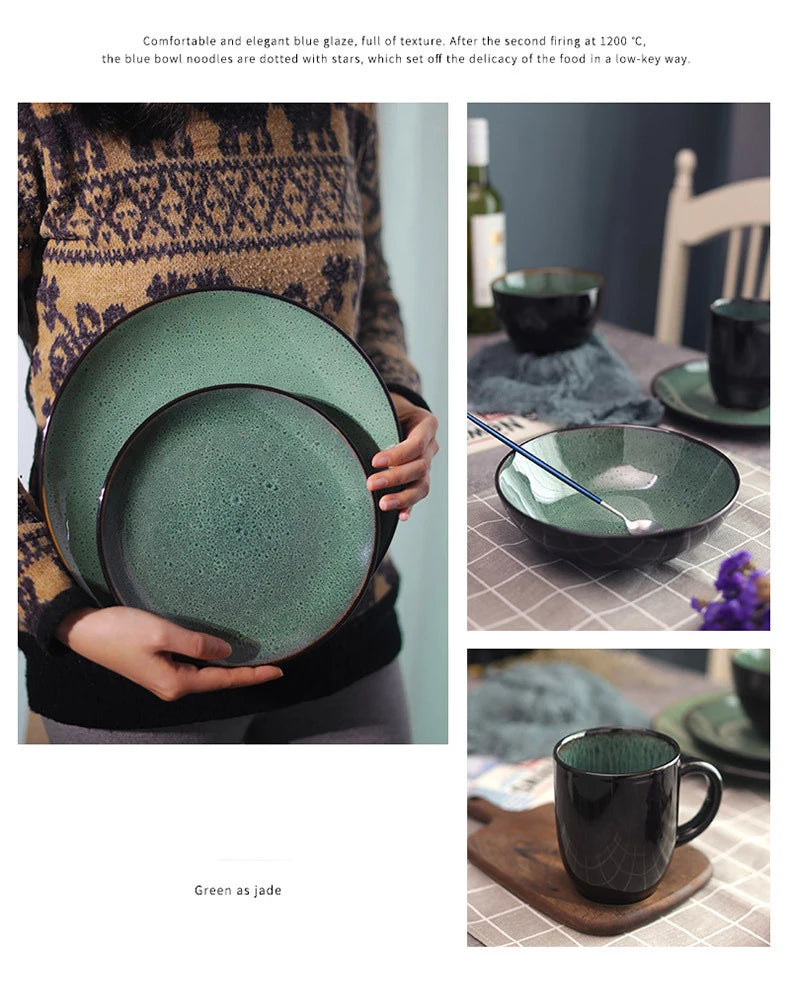 Malachite Green Ceramic Plates And Bowls Set Eco Friendly Porcelain Dinner Cutlery Set Kitchen Dish Plate Spoon Accessories