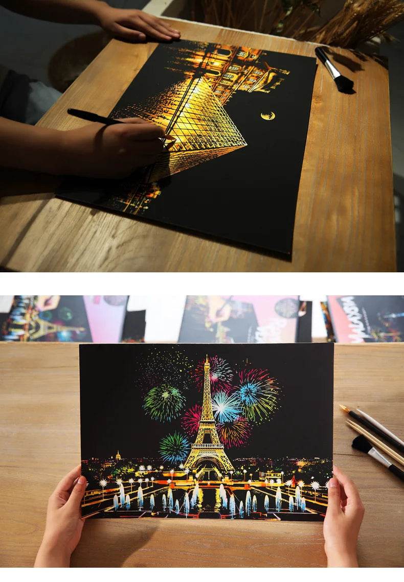 40.5*28.5cm Magic Scratch Art Crafts World Landscape Scraping Paintings Paper Adult kids decompression toys Creative DIY Gifts - AIAZ