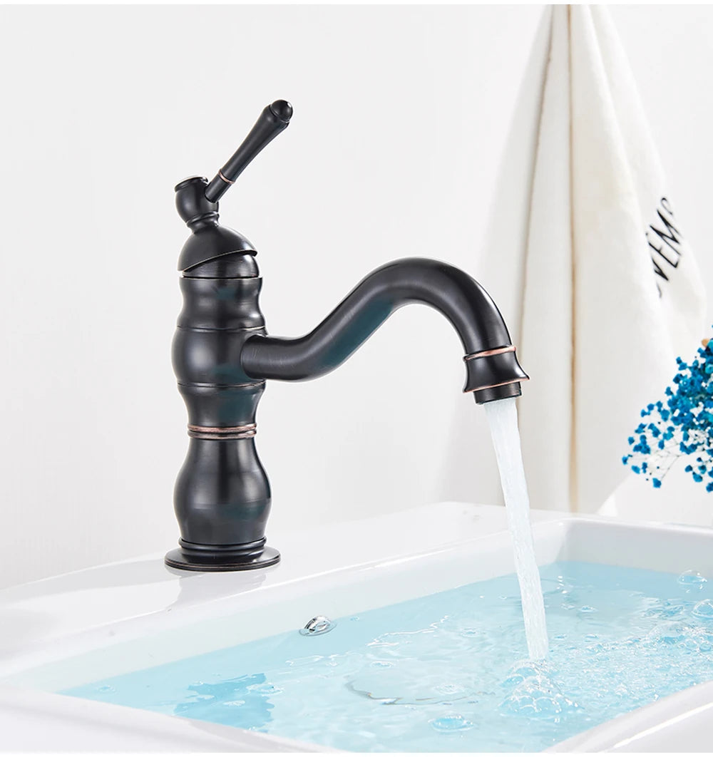 POIQIHY Antique Brass Basin Vessel Sink Faucet Deck Mounted One Hole Cold Hot Water Cold Hot Mixer Tap Bathroom Faucet  1 Hole