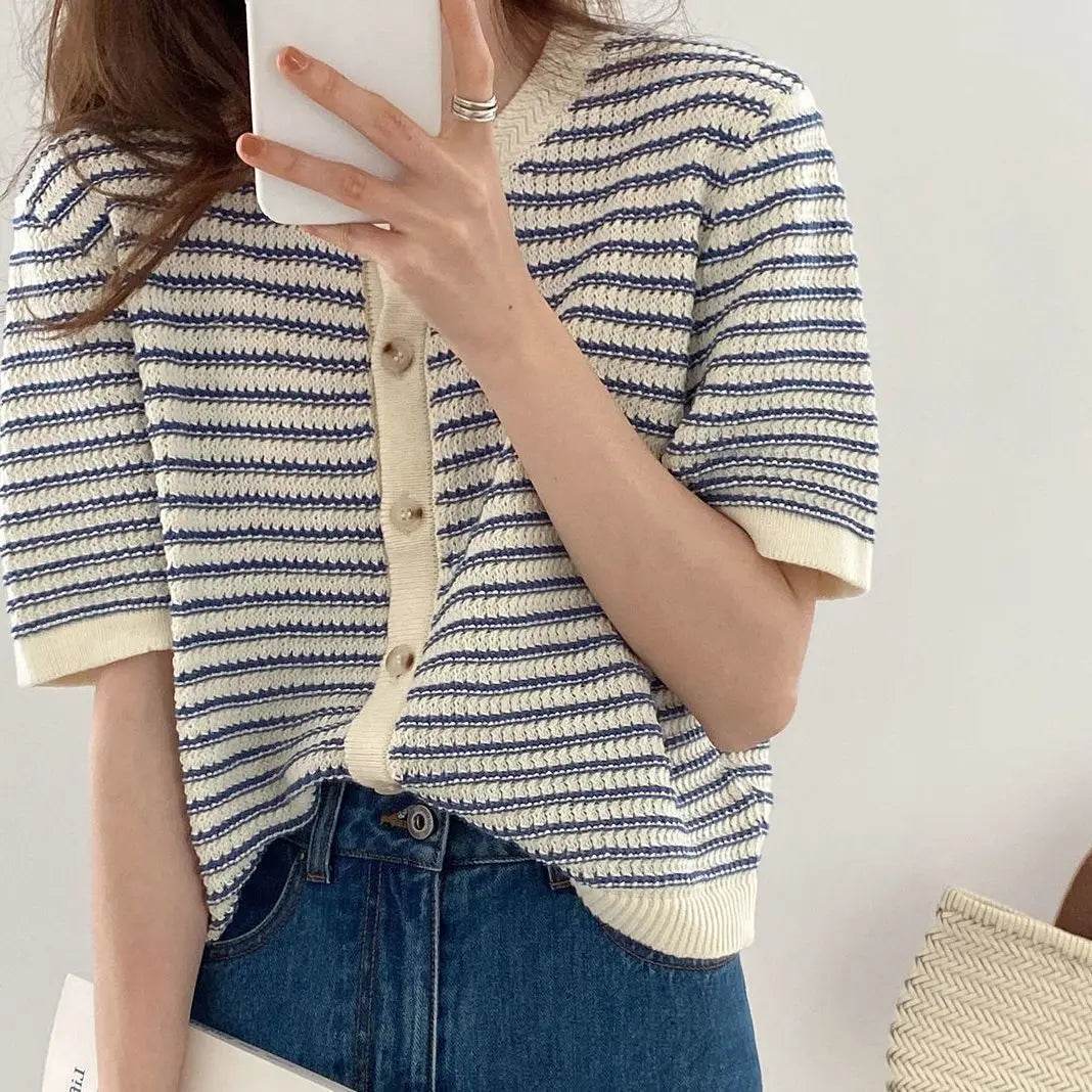 Cardigan Women Summer Breathable Elegant Striped Trendy New Single Breasted Short Sleeve Knitted Jumpers Female O-neck Tender BF - AIAZ