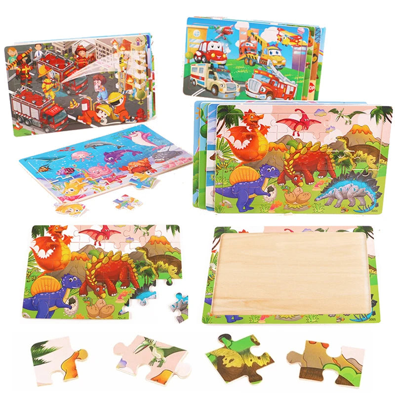 30Pieces Montessori Baby Toys Wooden 3d Puzzle Cartoon Animal Vehicle Cognition Wood Puzzle Learning Educational Toys for Kids
