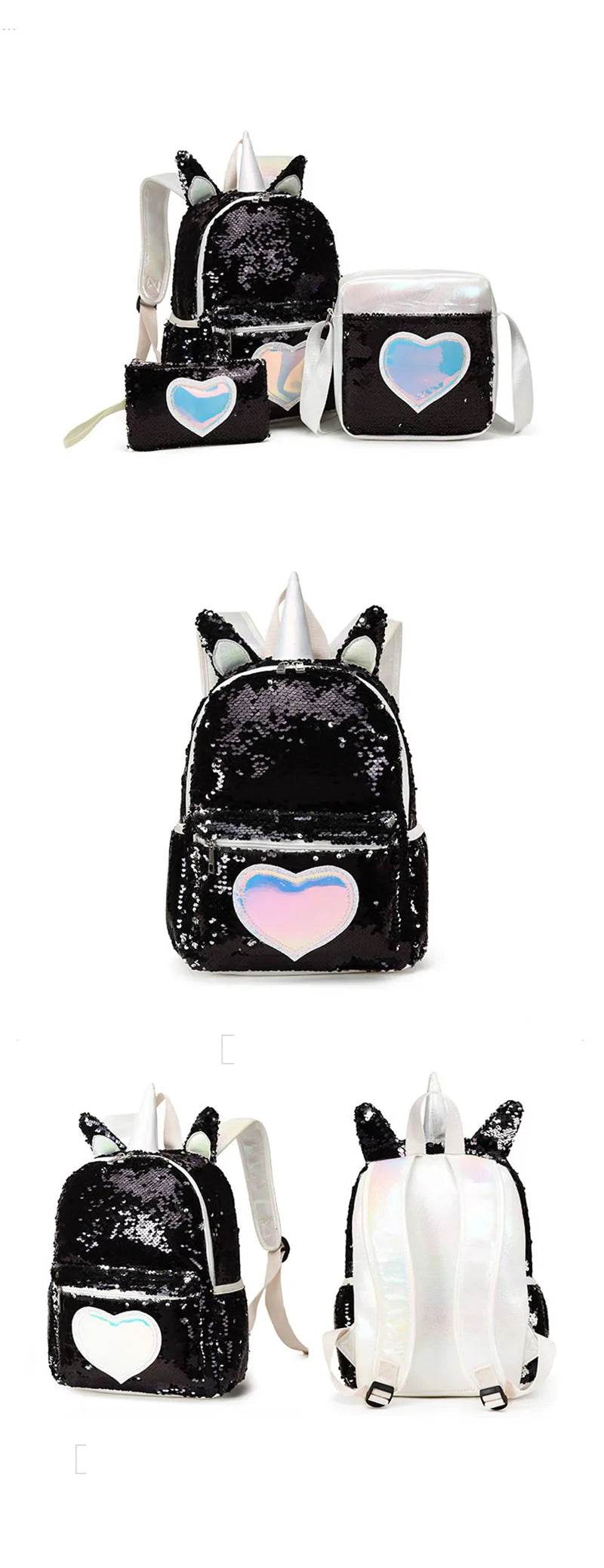 3pcs/set Sequins Unicorn Backpack Fashion Girl Glitter School Book Bag Girls Cute Hologram Laser PU Leather Travel Backpacks - AIAZ