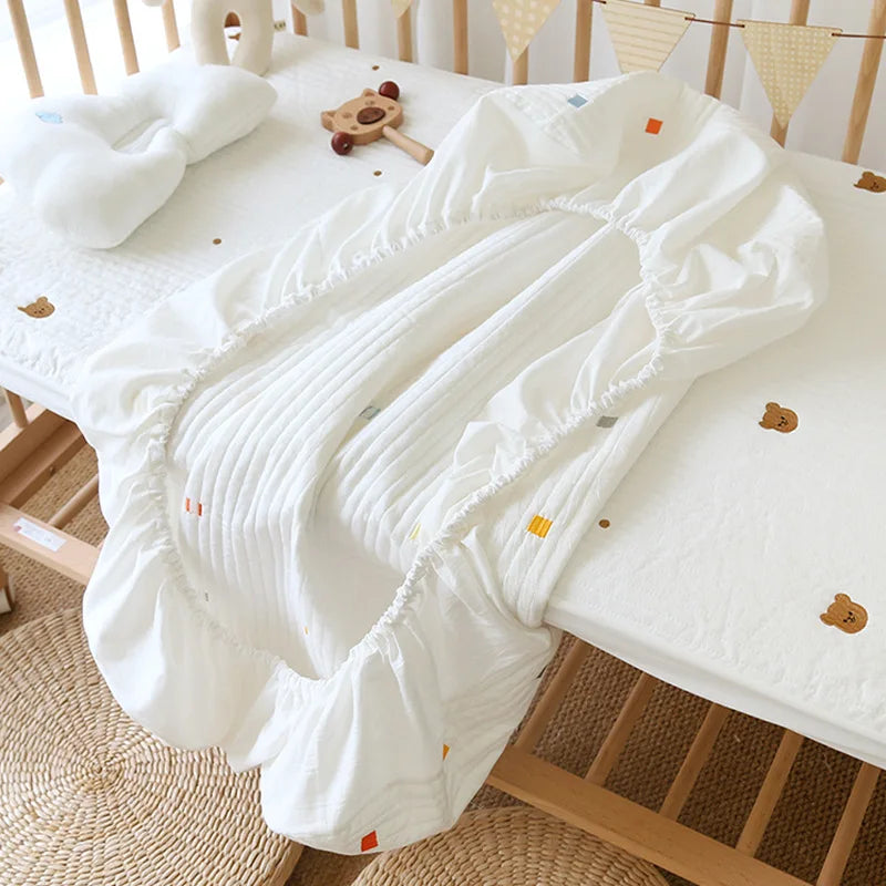 Korean Pure Cotton Quilted Baby Cot Crib Fitted Sheet Bear Cherry Loquat Embroidery Kids Infant Cradle Bed Sheets Mattress Cover