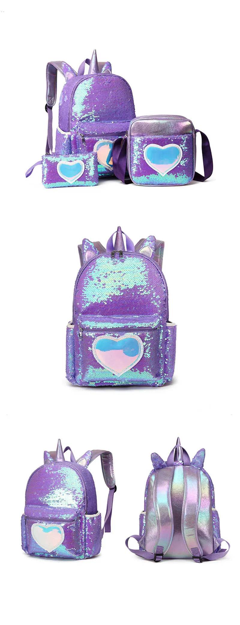 3pcs/set Sequins Unicorn Backpack Fashion Girl Glitter School Book Bag Girls Cute Hologram Laser PU Leather Travel Backpacks - AIAZ