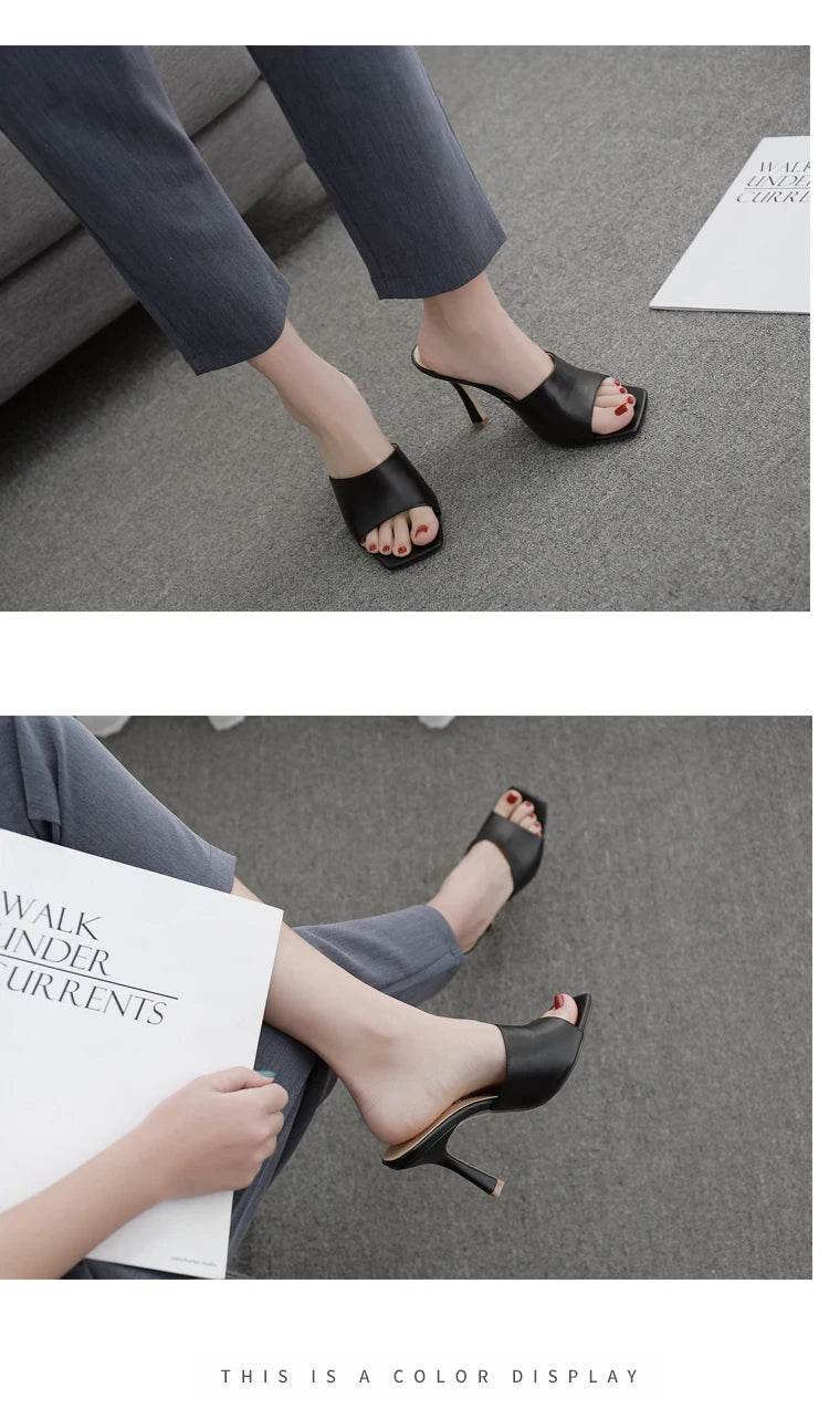 2025 New Summer Women Sandals Square Toe Ladies Heel Mules Sexy Thin High Heels Sandals Slippers Female Fashion Woman Shoes - AIAZ