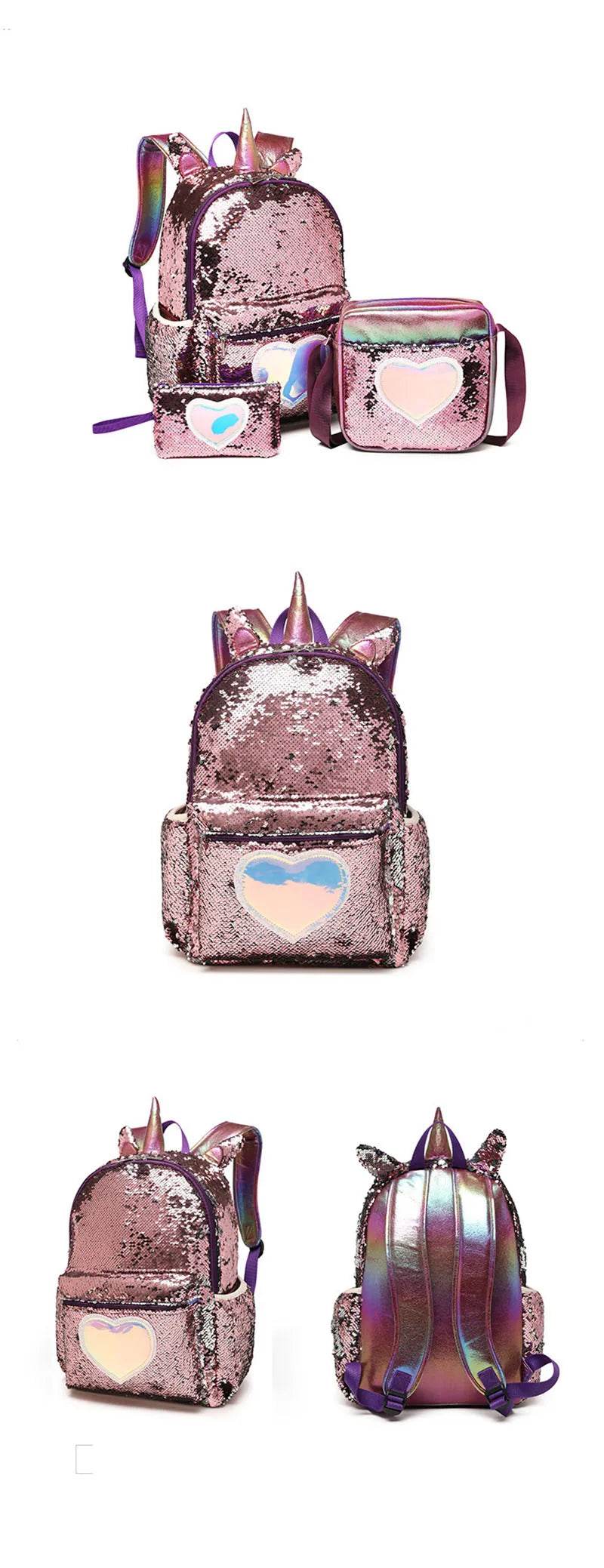 3pcs/set Sequins Unicorn Backpack Fashion Girl Glitter School Book Bag Girls Cute Hologram Laser PU Leather Travel Backpacks - AIAZ