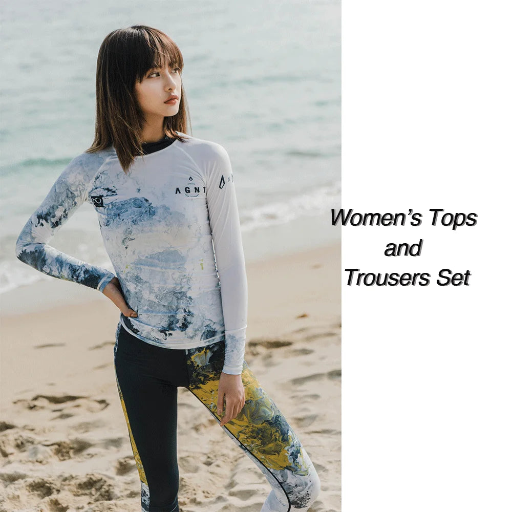 Nu-June Women Long Sleeve Rashguard Swimwear Print Surfing Top Diving Shirt Quick Dry Running Biking Rash Guard UPF50+ Swimsuit