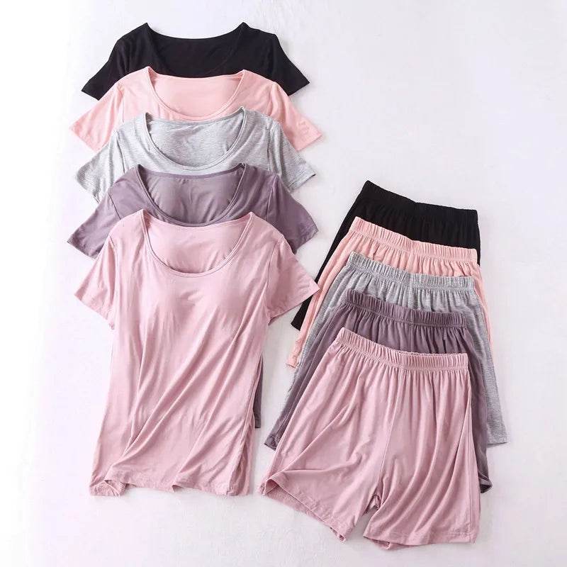 Modal cotton pyjama femme new pijamas women chest pad short sleeve pajamas set large size bra-cup loose shorts sleepwear set - AIAZ