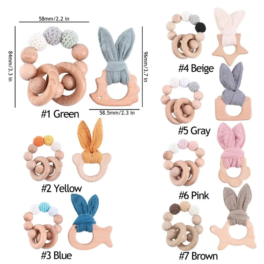 1 Set Baby Wooden Teether Crochet Beads Pacifier Chain Clip Wood Elephant Teething Bracelet Music Rattle Montessori Baby Product