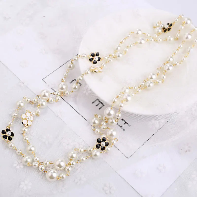 Rose Flower Pearls Long Sweater Necklace Jewelry Camellia Design Wedding Woman Sweater chain Necklace