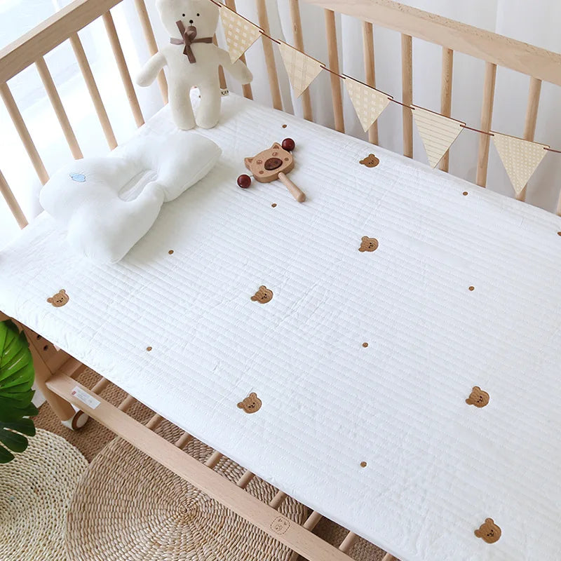 Korean Pure Cotton Quilted Baby Cot Crib Fitted Sheet Bear Cherry Loquat Embroidery Kids Infant Cradle Bed Sheets Mattress Cover