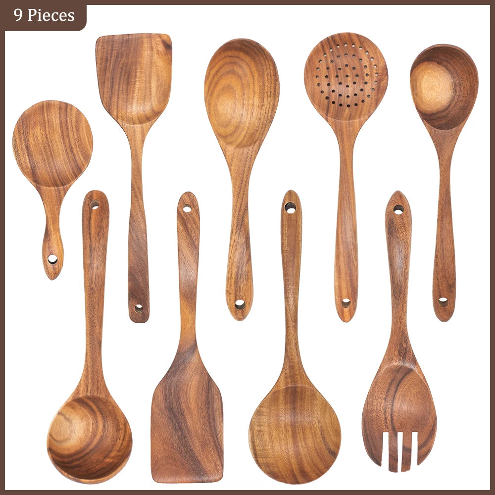 Thailand Teak Natural Wood Tableware Spoon Ladle Turner Long Rice Colander Soup Skimmer Cooking Spoons Scoop Kitchen Tool Set