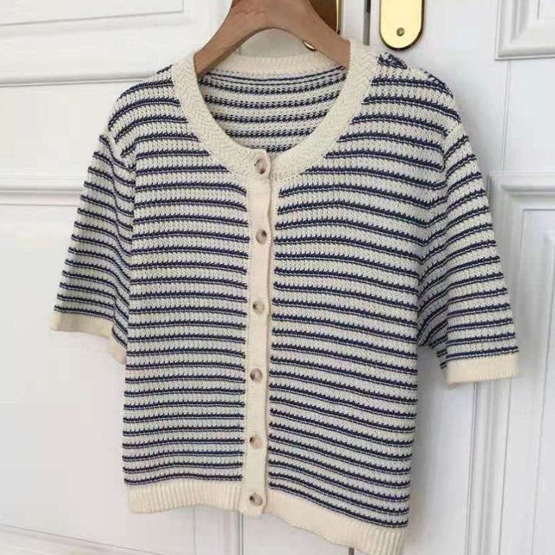 Cardigan Women Summer Breathable Elegant Striped Trendy New Single Breasted Short Sleeve Knitted Jumpers Female O-neck Tender BF - AIAZ