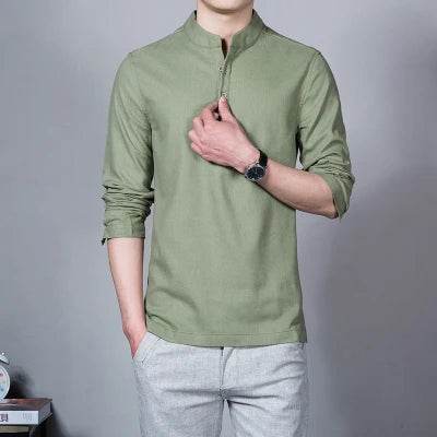 Men's Clothing Men Spring Tops & Tees Male Fashion T-Shirts Stand Collar Long-sleeved Slim Base Shirt Homme Linen t-shirt - AIAZ