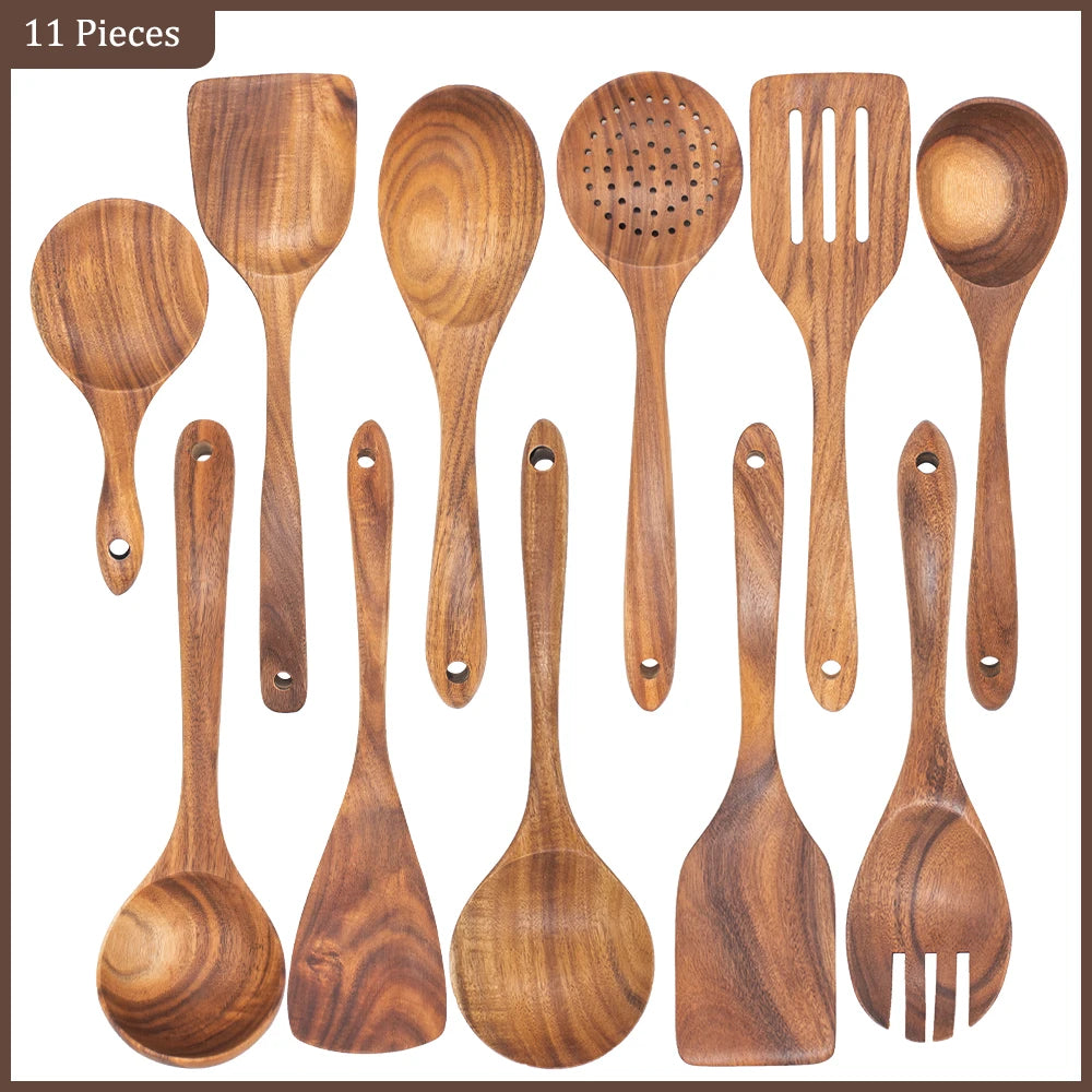 Thailand Teak Natural Wood Tableware Spoon Ladle Turner Long Rice Colander Soup Skimmer Cooking Spoons Scoop Kitchen Tool Set