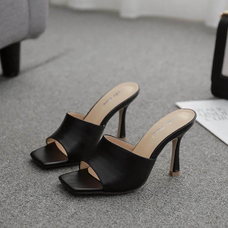 2025 New Summer Women Sandals Square Toe Ladies Heel Mules Sexy Thin High Heels Sandals Slippers Female Fashion Woman Shoes - AIAZ