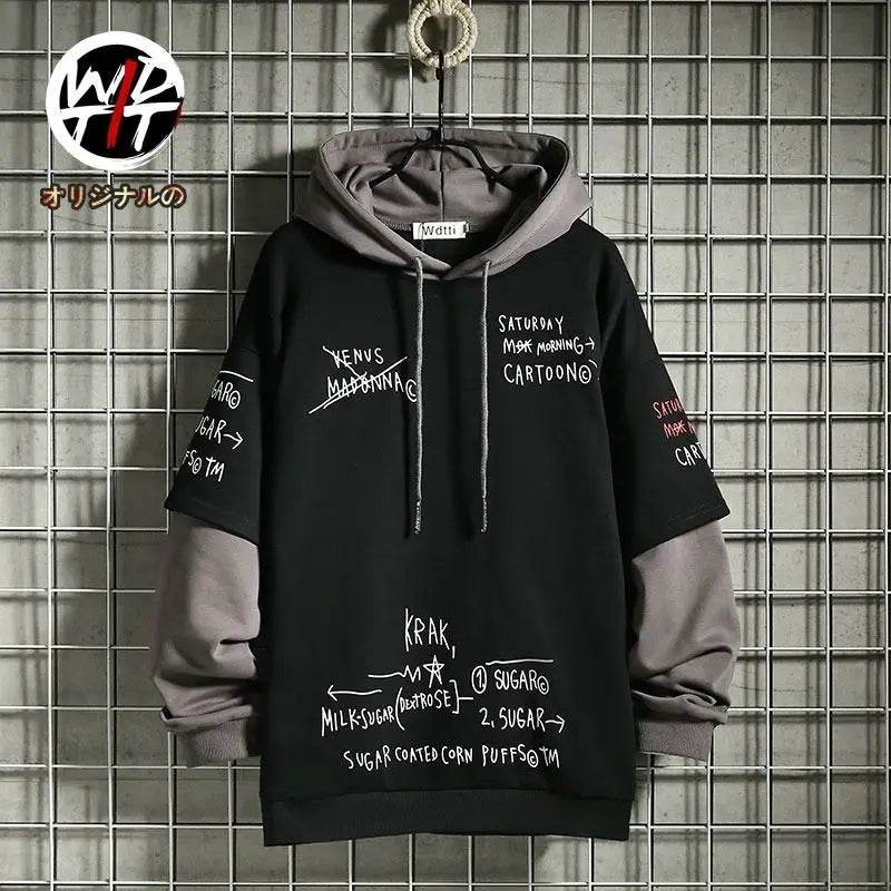 Spring /Autumn Men's Sweater Retro Mock Two-Piece Hooded Korean Hip Hop Print Sweatshirt Loose Hoodie Male Fleece Padded Jacket - AIAZ