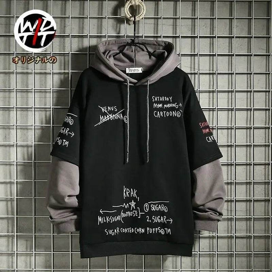 Spring /Autumn Men's Sweater Retro Mock Two-Piece Hooded Korean Hip Hop Print Sweatshirt Loose Hoodie Male Fleece Padded Jacket - AIAZ
