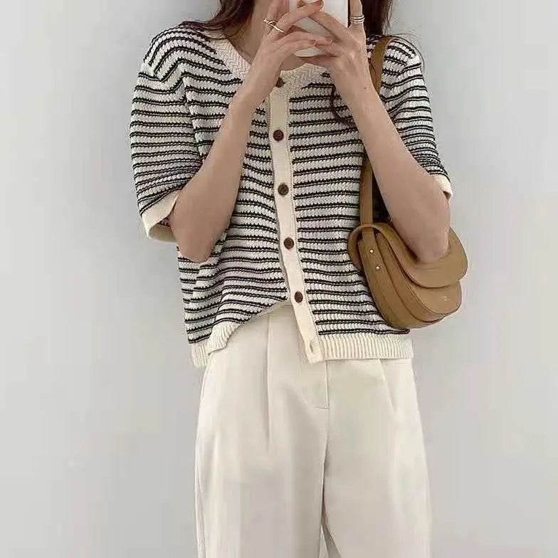 Cardigan Women Summer Breathable Elegant Striped Trendy New Single Breasted Short Sleeve Knitted Jumpers Female O-neck Tender BF - AIAZ