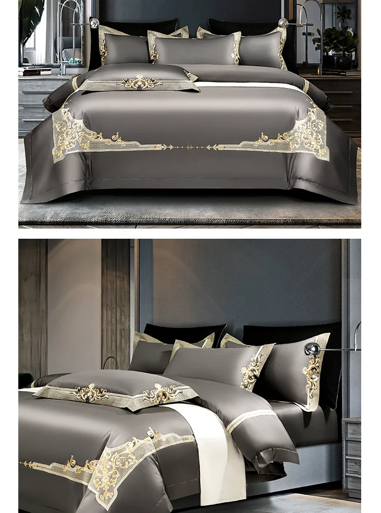 Premium High End Grey 1000TC Egyptian Cotton Soft Bedding set Chic Embroidery Queen King 4/6Pcs Duvet Cover Bed Sheet Pillowcase