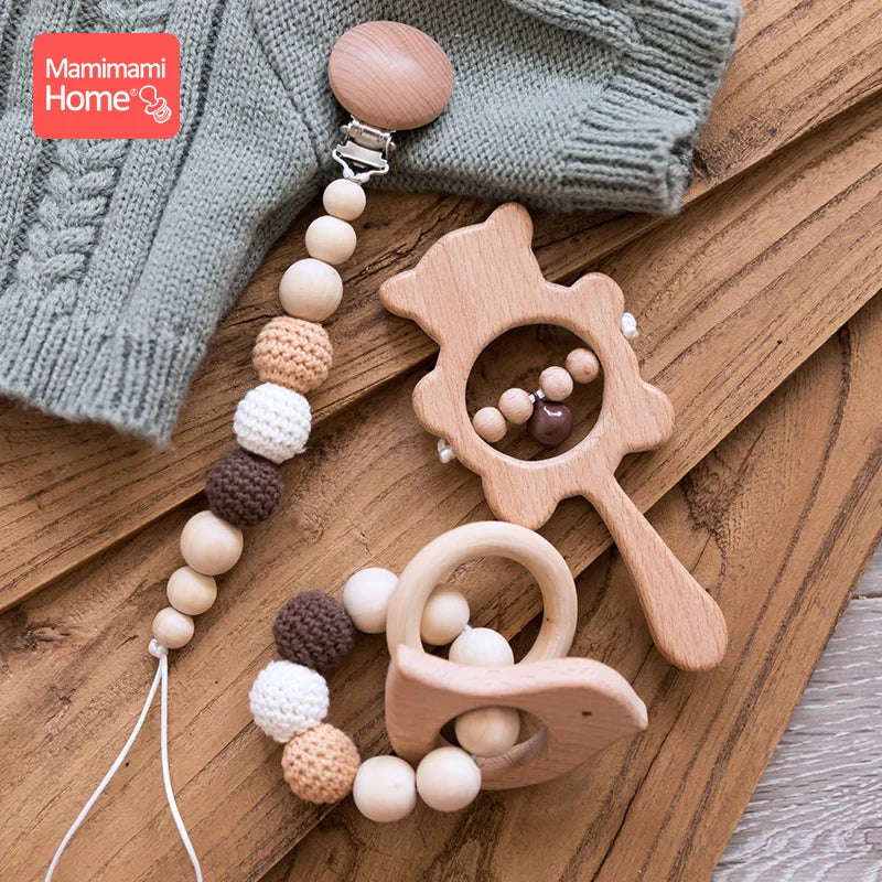 1 Set Baby Wooden Teether Crochet Beads Pacifier Chain Clip Wood Elephant Teething Bracelet Music Rattle Montessori Baby Product