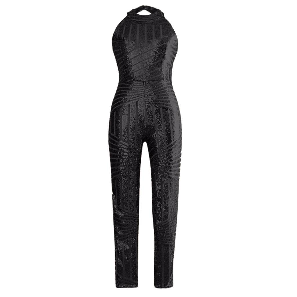 Sequin Off Shoulder Women Jumpsuit O-neck Sleeveless Casual Jumpsuits Rompers Sexy Clubwear Party Playsuits Combinaison Femme - AIAZ