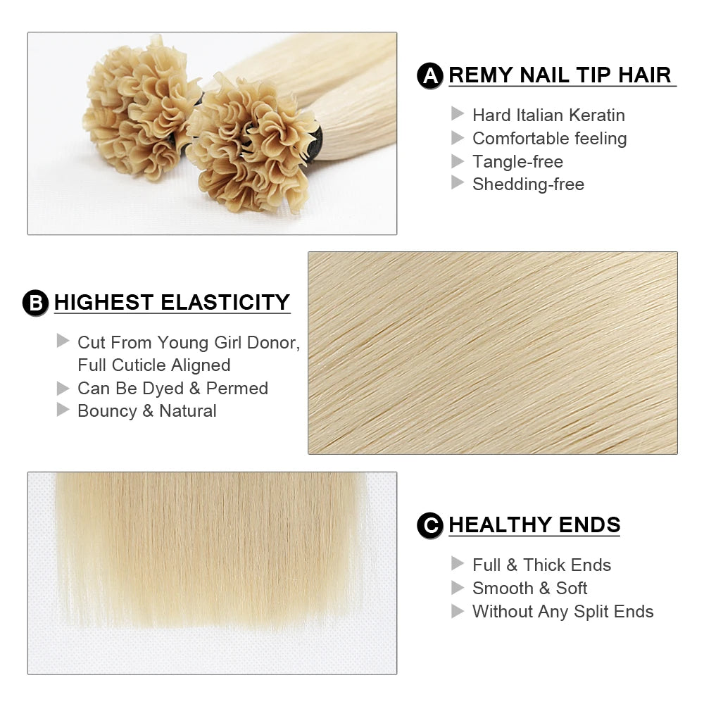 Fusion Keratin Bond Human Hair Extensions Capsule U Nail Tip Real Remy Pre Bonded Hair Platinum Blonde 16" 18" 20" 22" 0.8g/Pc