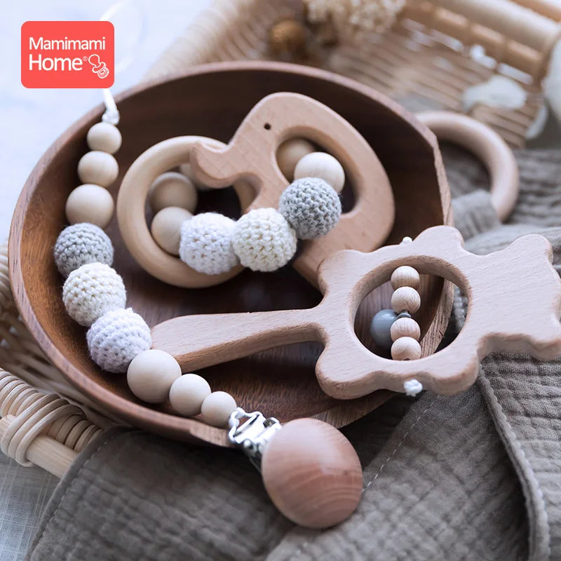 1 Set Baby Wooden Teether Crochet Beads Pacifier Chain Clip Wood Elephant Teething Bracelet Music Rattle Montessori Baby Product